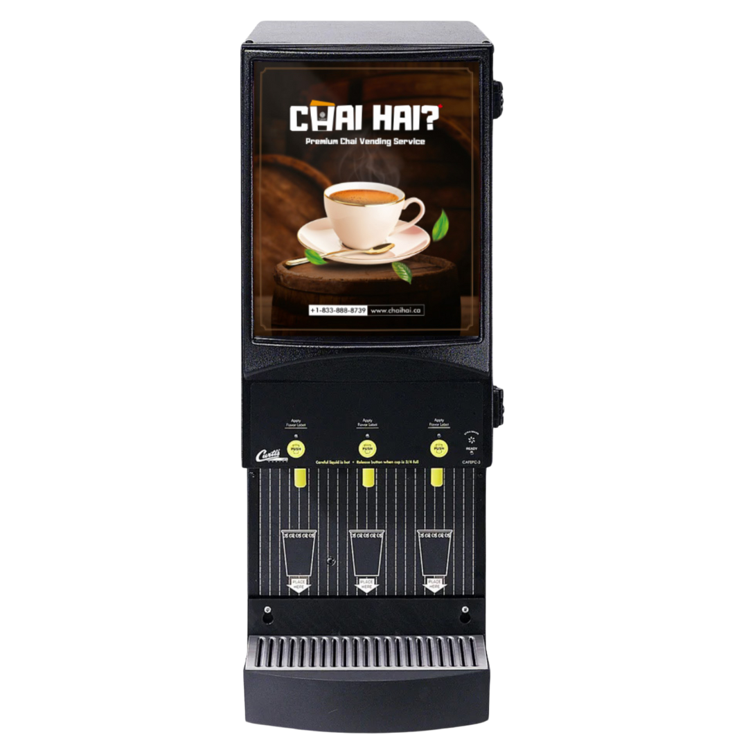 Chai Hai premium chai vending machine with a sleek black design, UL and NSF certified for safety and hygiene. Features multiple dispensing options, ideal for restaurants, cafes, and offices to serve quick and authentic chai. Front display highlights a steaming cup of chai with green leaves, ensuring freshness and quality.