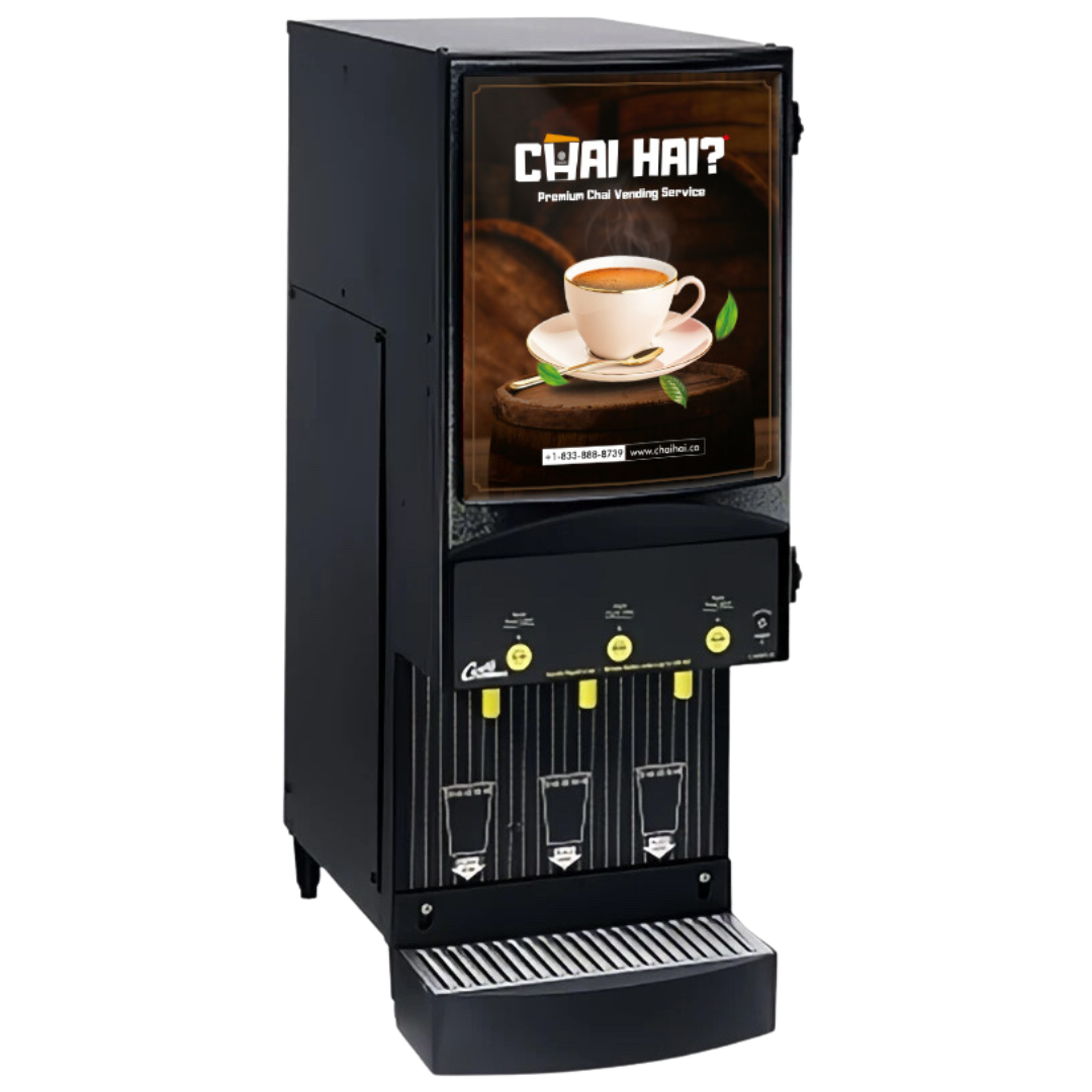 Side view of the Chai Hai premium chai vending machine, UL and NSF certified, ensuring compliance with safety and hygiene standards. Designed for restaurants and cafes with a black compact finish and multiple dispensing outlets, offering efficient chai preparation for high-demand environments.