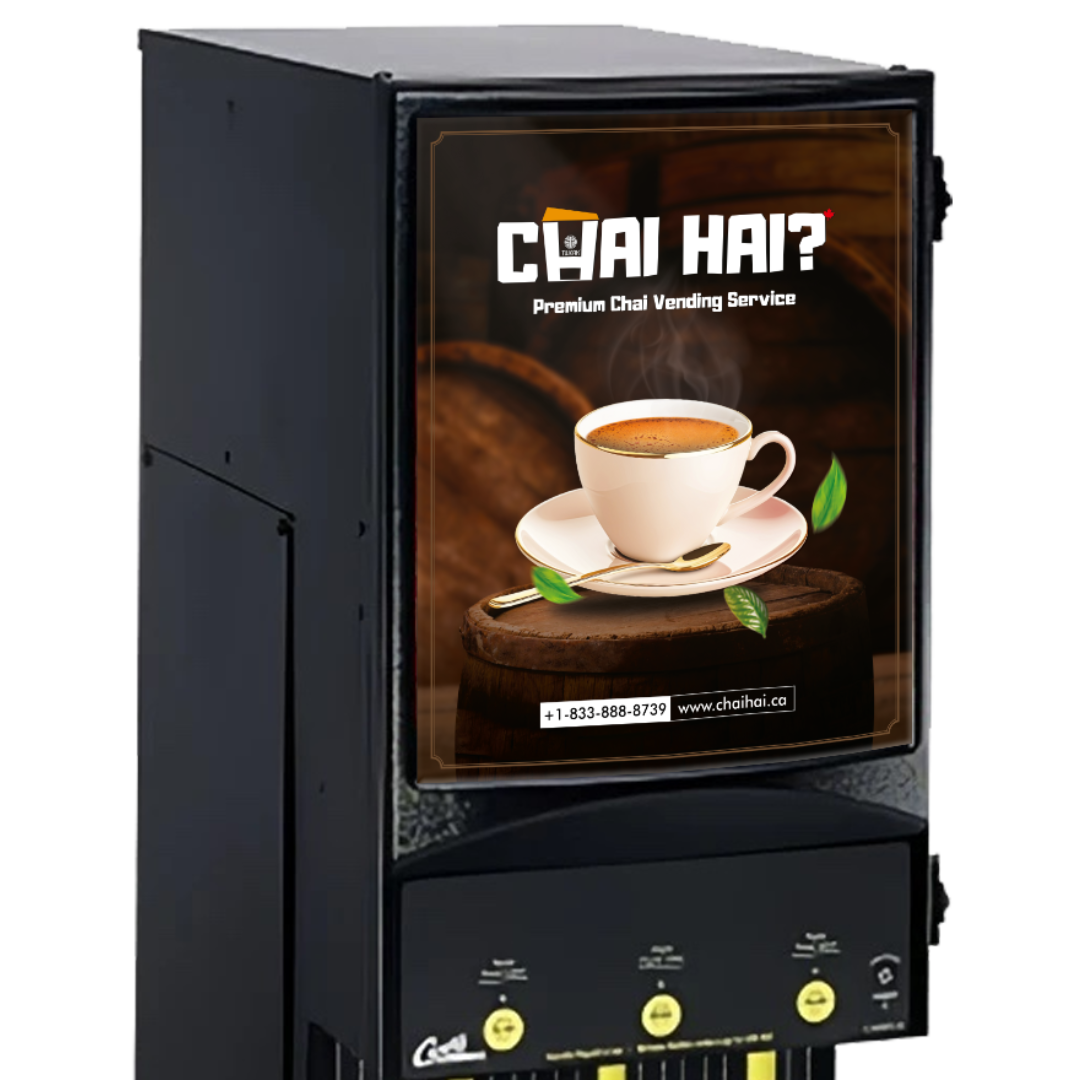 Close-up of Chai Hai premium chai vending machine, UL and NSF certified for reliable safety and cleanliness. Vibrant front display showcases a steaming cup of chai with green leaves, perfect for restaurants aiming to deliver quick and flavorful chai in a professional setting.