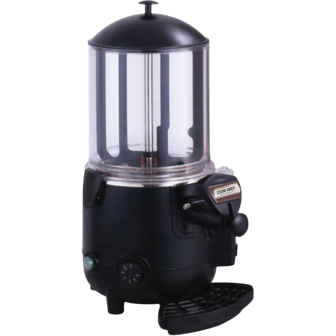 Compact NSF-certified hot beverage dispenser with a clear tank and modern black base. Features a sleek design with easy-to-use temperature control and dispensing lever, suitable for cafes, restaurants, and event catering.