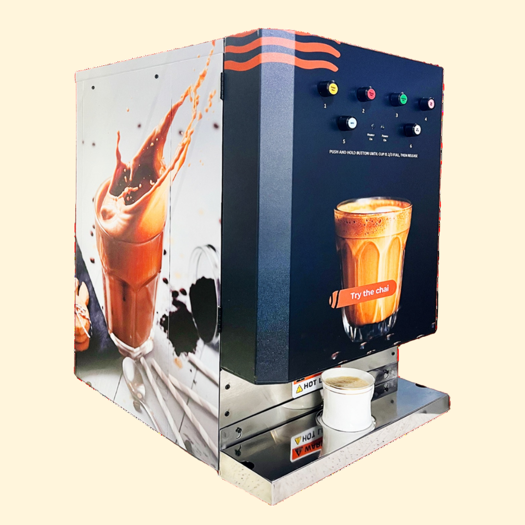 Chai Hai Instant Chai Vending Machine with vibrant graphic display, perfect for serving hot chai in restaurants, offices, gas stations, and commercial spaces.