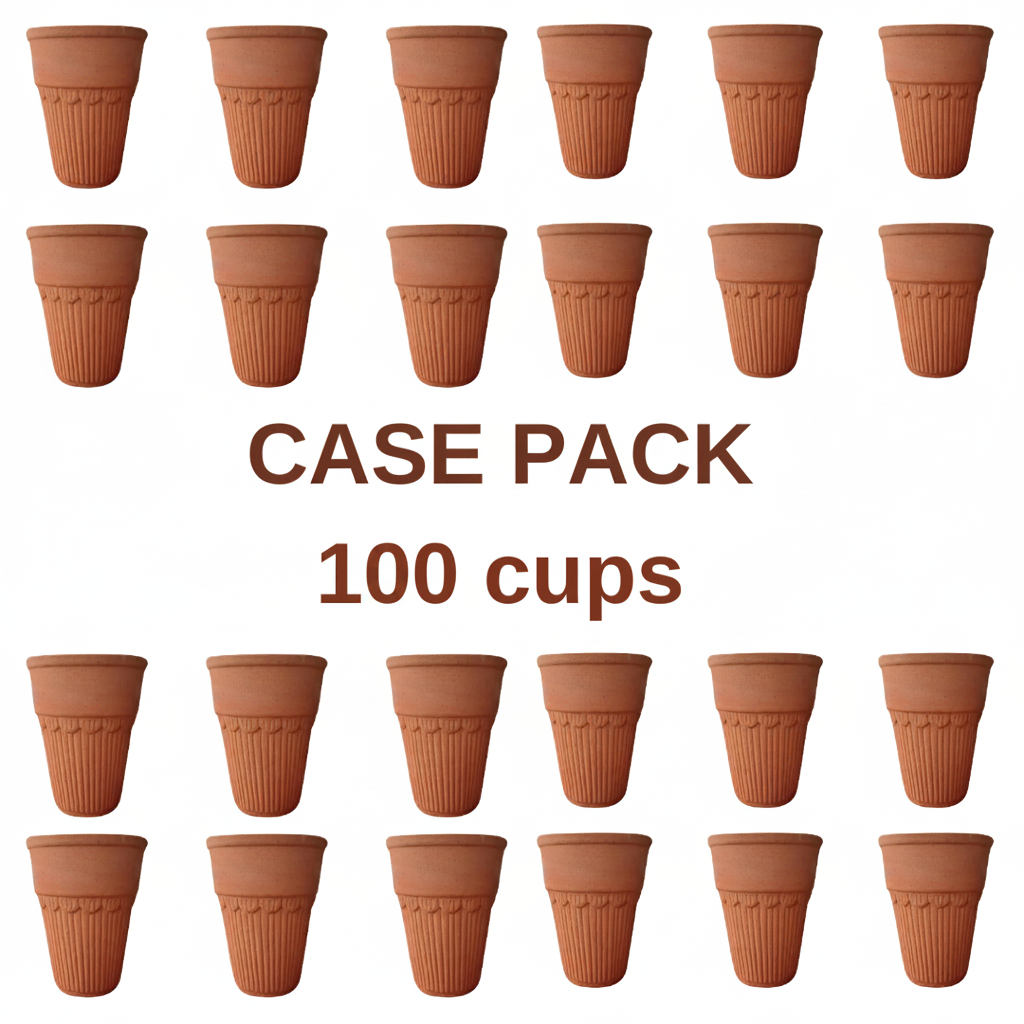 Case pack of 100 terracotta cups on a white background