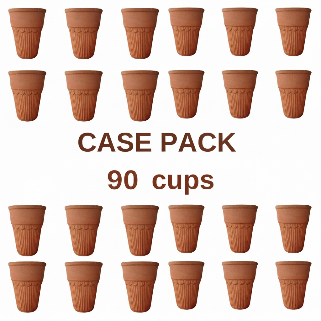 Case pack of 90 terracotta cups on a white background
