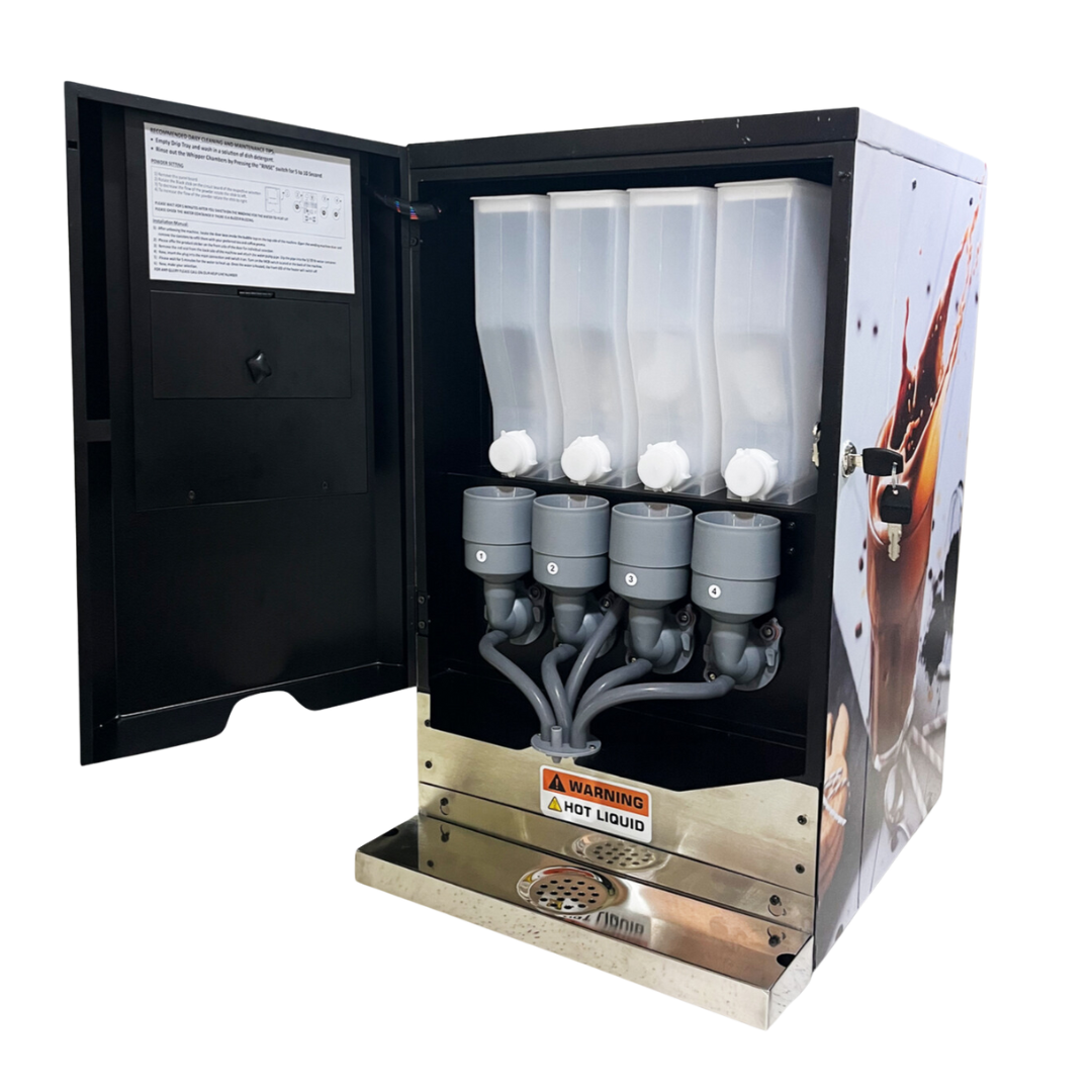 Interior view of the Chai Hai chai vending machine showcasing multi-flavor premix containers and dispensing system for easy chai preparation. Try this chai machine today.