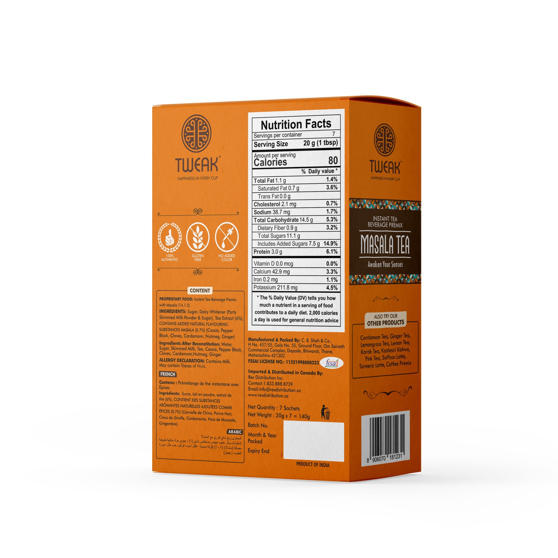 Masala Tea Instant Premix – Authentic Indian Tea Latte by Tweak, showcasing the detailed nutrition facts and premium quality ingredients. Buy exclusive on Chai Hai website.
