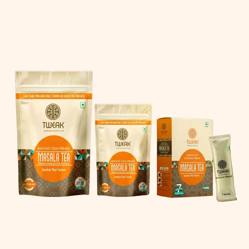 Tweak Instant Masala Chai Premix – Low Sugar Masala Tea Powder in Pouches and Sachets. Indian Spiced Tea Beverage Mix for Quick Brewing, 1 Serving Sachet and Multi-Serve Packs. Premium Instant Chai for Authentic Taste and Convenience.