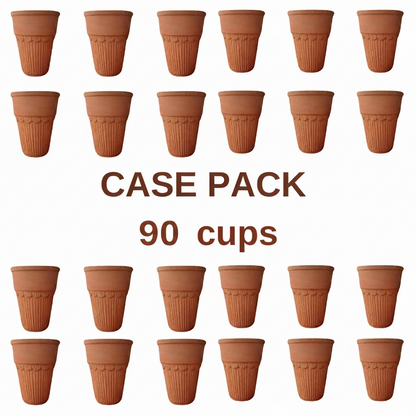 Case pack of 90 terracotta cups on a white background