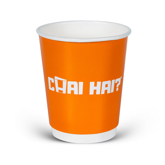 Orange paper cup with white text on a white background 8oz cup