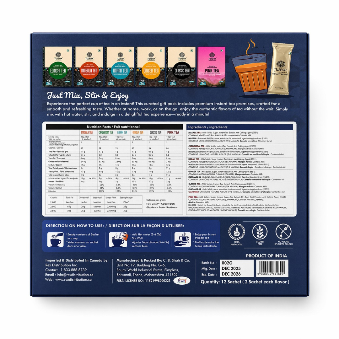 Tweak Instant Chai Sampler Pack – 6 Flavours (12 Sachets)