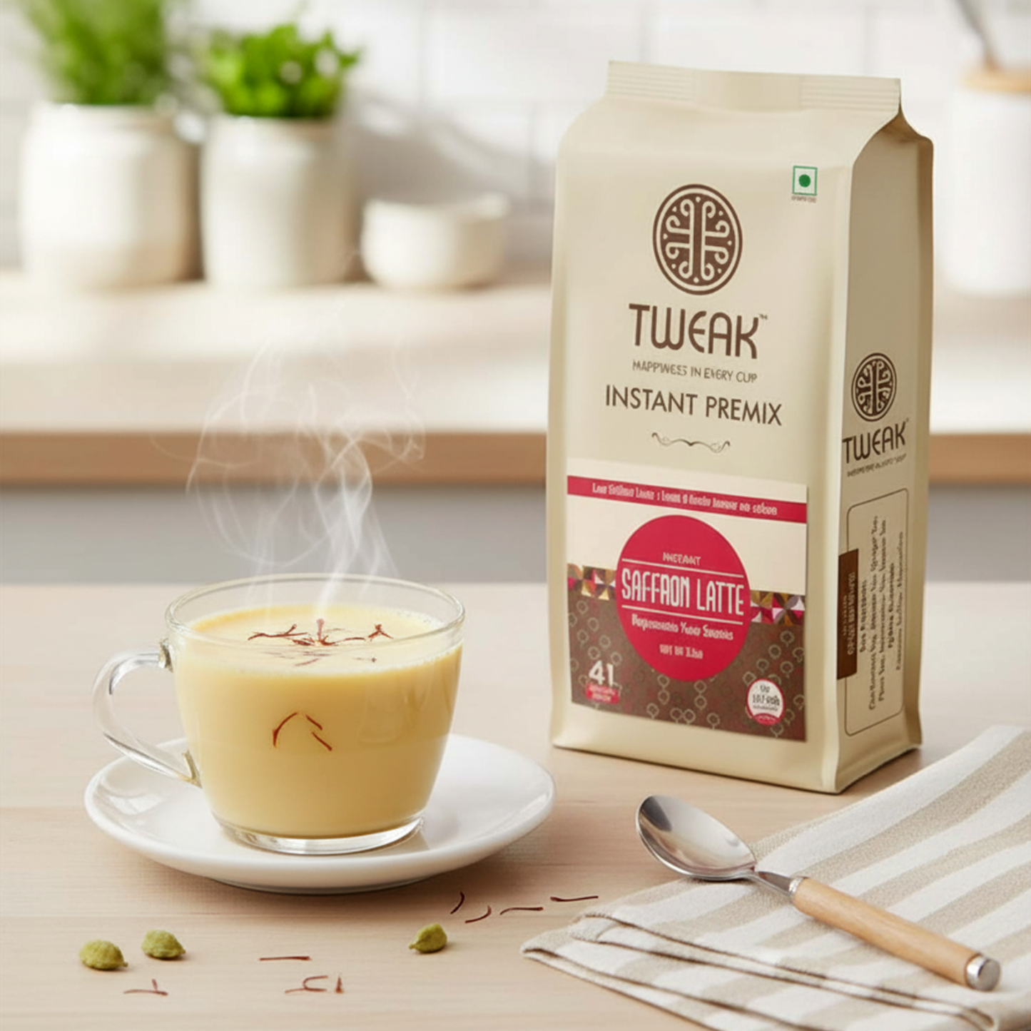 Saffron latte with Tweak Instant Premix saffron latte packaging on a wooden table.