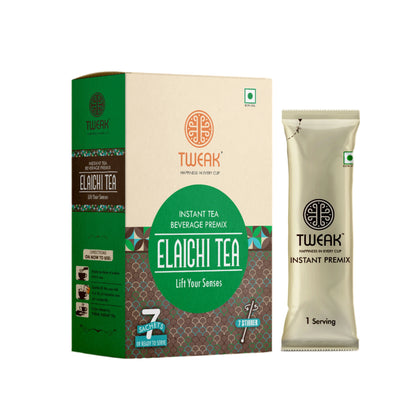 Packaging of Tweak Elaichi Tea Instant Sachet Pack showing a box and a sachet with product information and branding.