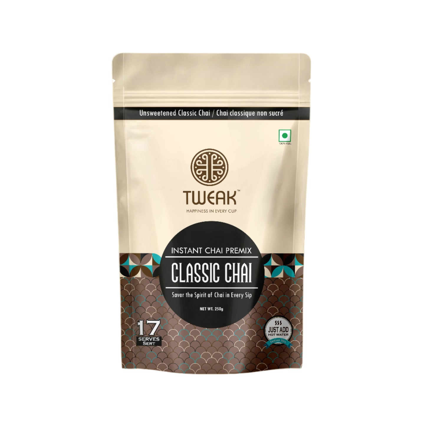 A packaged product labeled 'TUWEAK Instant Chai Premix Classic Chai' in a sealed bag with branding and product information.