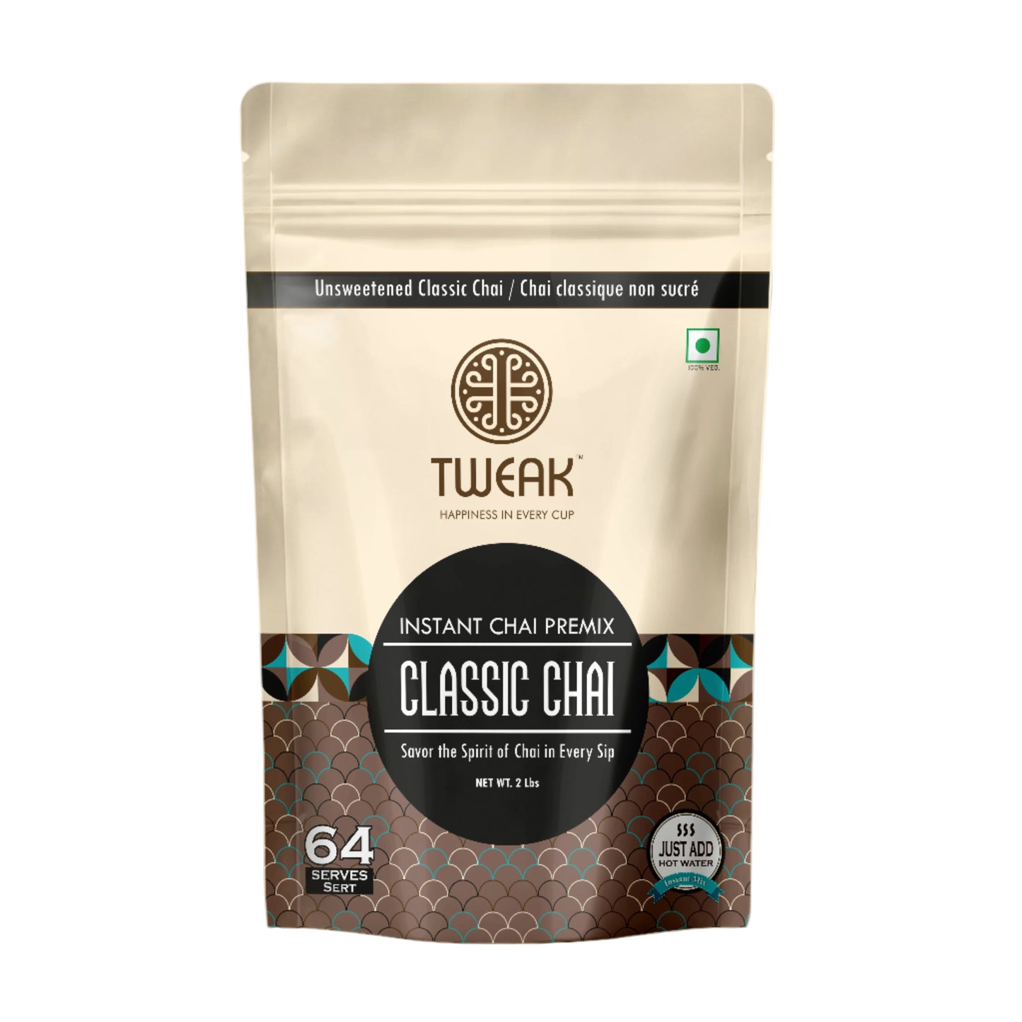 A packaged product labeled 'TUWEAK Instant Chai Premix Classic Chai' in a sealed bag with branding and product information.