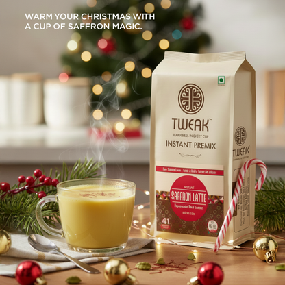 Tweak Saffron Latte instant premix packaging with a steaming cup of saffron latte on a festive background.