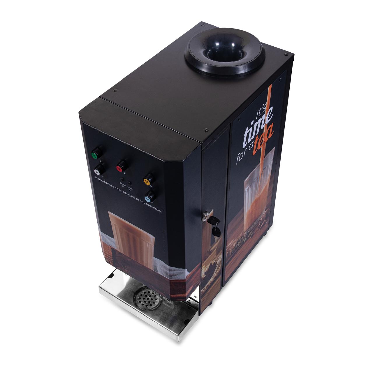 Top angled view of Chai Hai 3 flavour push and hold chai vending machine with stainless drip tray