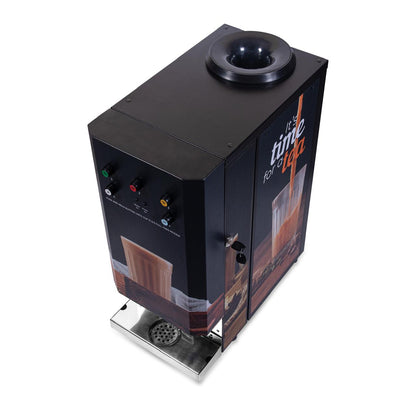 Top angled view of Chai Hai 3 flavour push and hold chai vending machine with stainless drip tray
