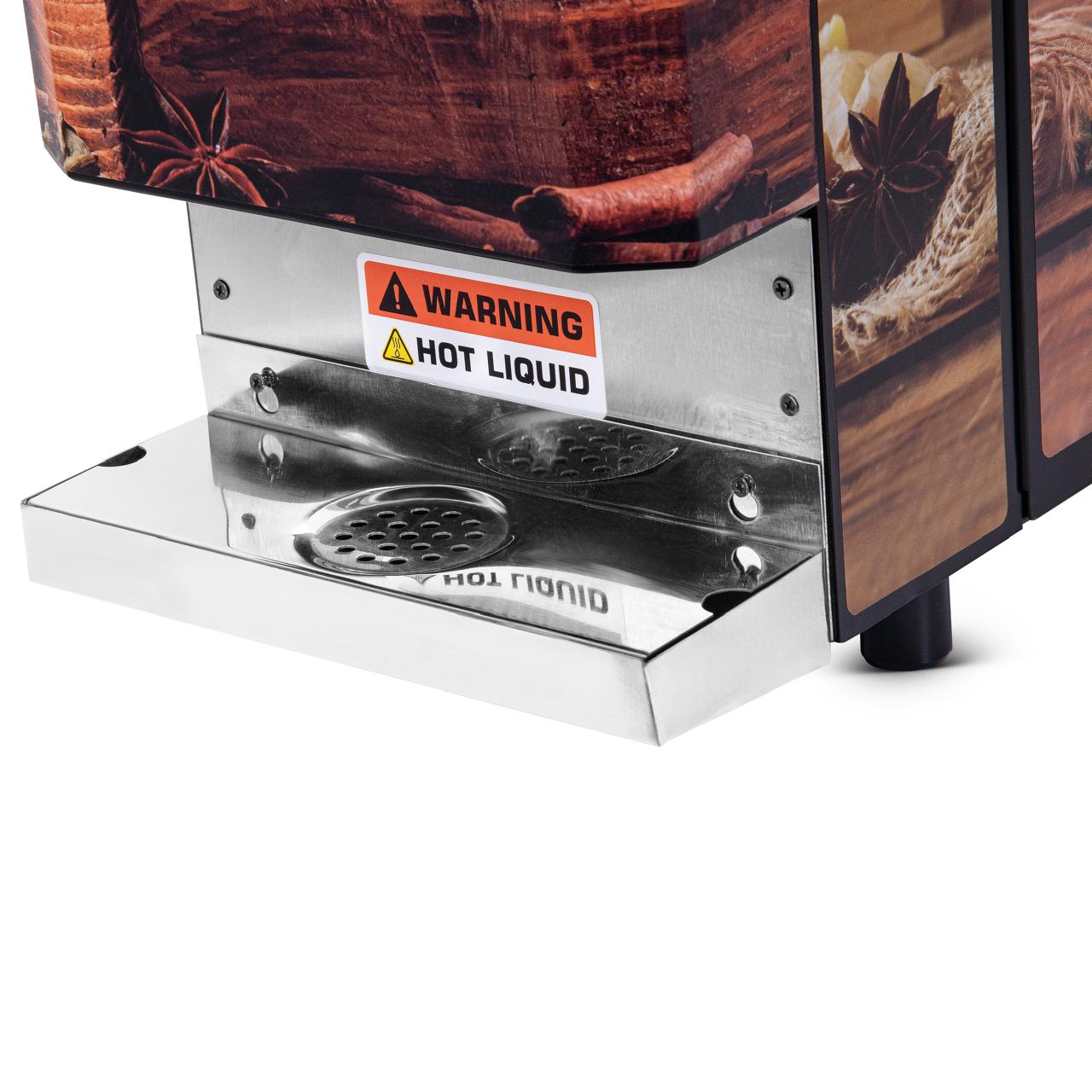 Close-up of stainless drip tray and hot liquid warning label on Chai Hai instant chai vending machine