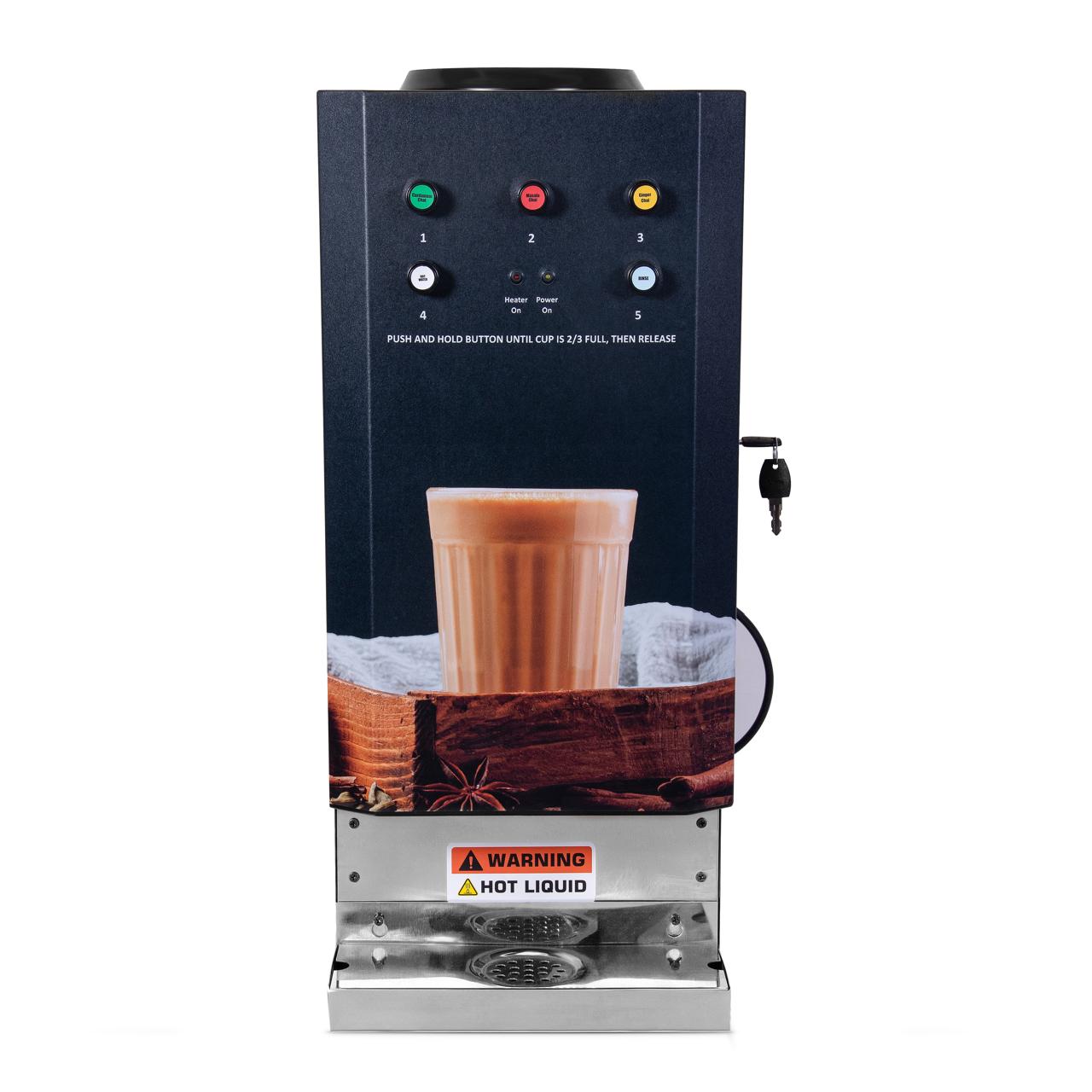 Front view of Chai Hai 3 flavour push and hold vending machine control panel with buttons and drip tray