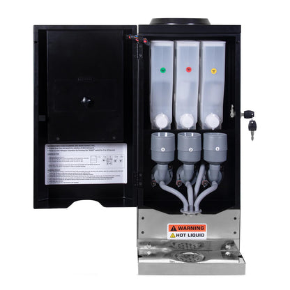 Inside view showing three premix canisters and mixing system in Chai Hai 3 flavour chai vending machine