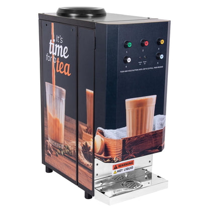 Side angle product photo of Chai Hai 3 flavour push and hold instant chai vending machine with branding panels