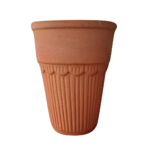 chai hai Terracotta Kulhars kulhad pot cups with decorative ribbing on a white background